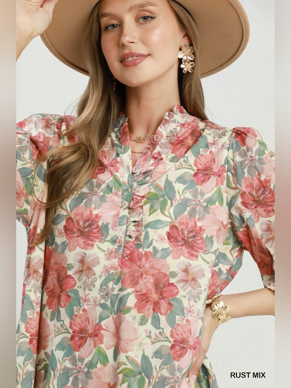 Umgee Mix Floral Print Smocked Cuff Mini Dress - Picture 6 of 7
